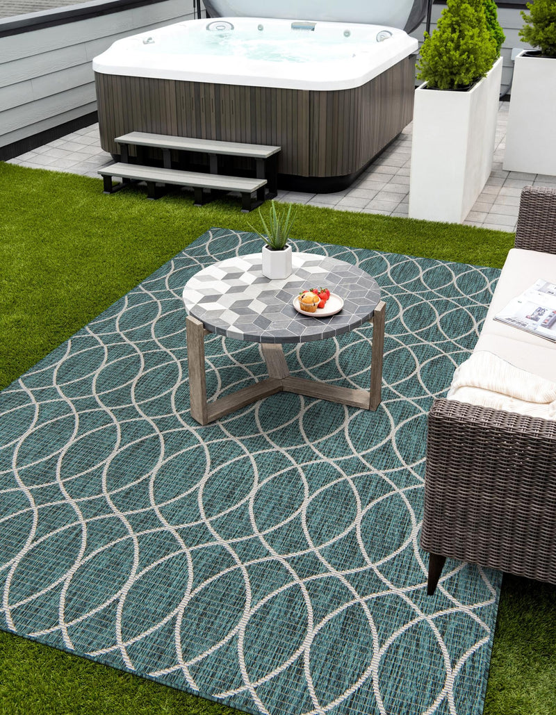 Garden Lattice Oasis Collection Area Rug - Pavilion (Teal) Rectangle Teal lifestyle 9