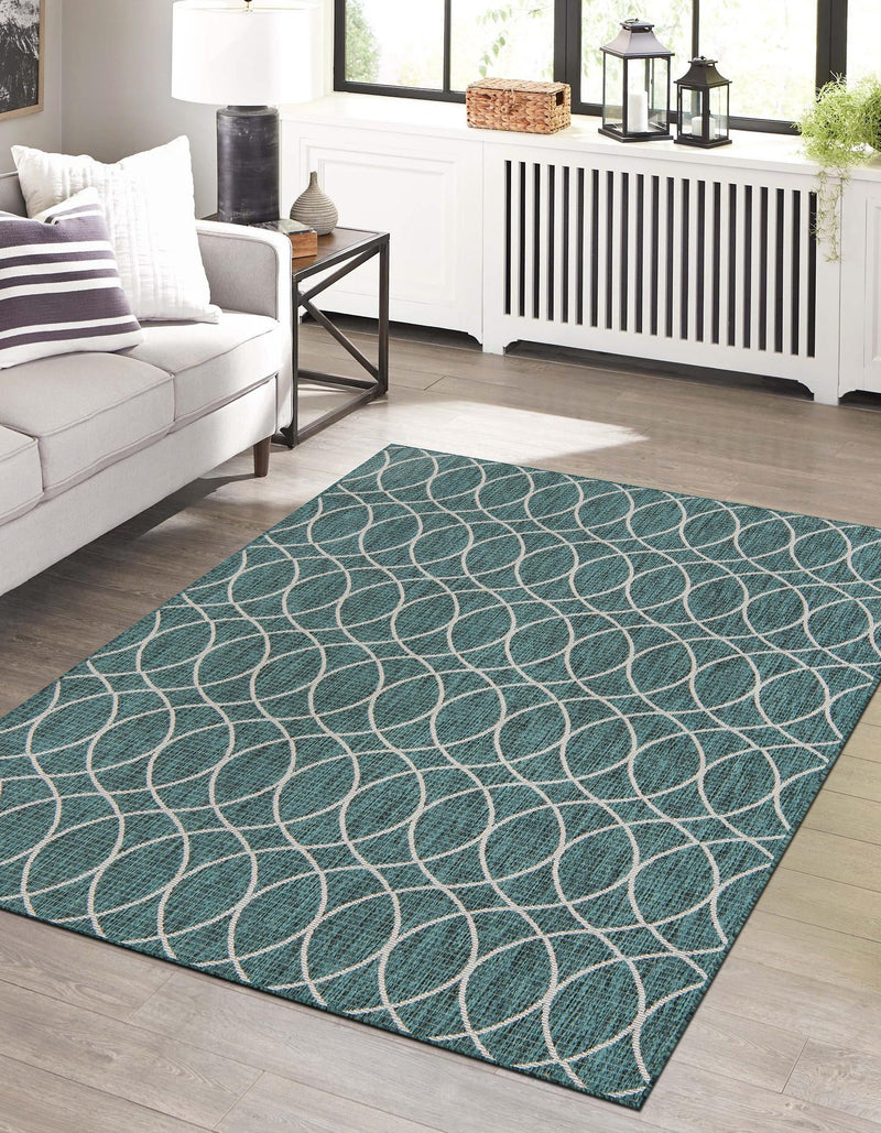Garden Lattice Oasis Collection Area Rug - Pavilion (Teal) Rectangle Teal lifestyle 12
