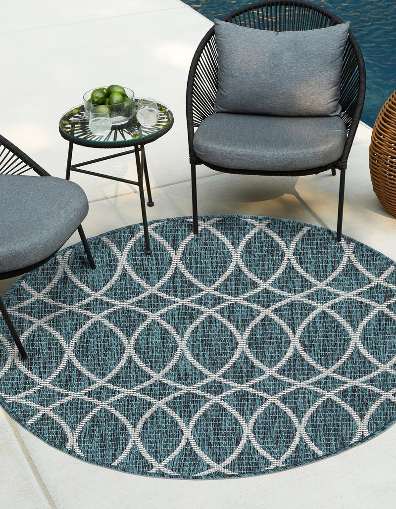 Garden Lattice Oasis Collection Area Rug - Pavilion (Teal) Round Teal lifestyle 0