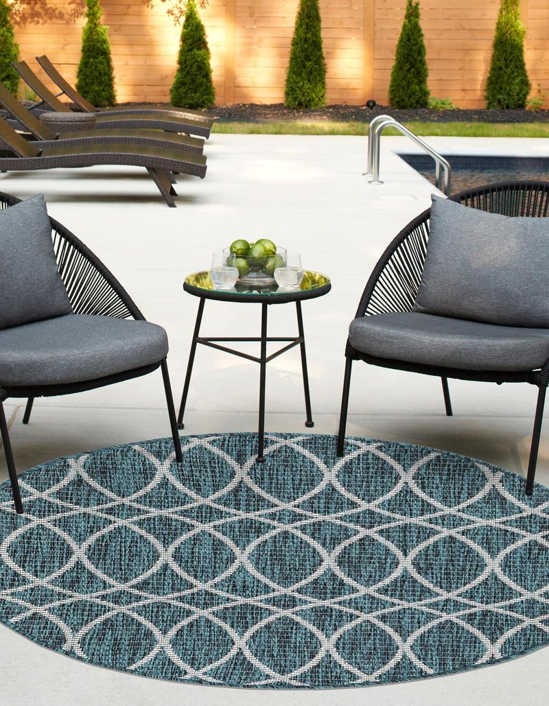 Garden Lattice Oasis Collection Area Rug - Pavilion (Teal) Round Teal lifestyle 3