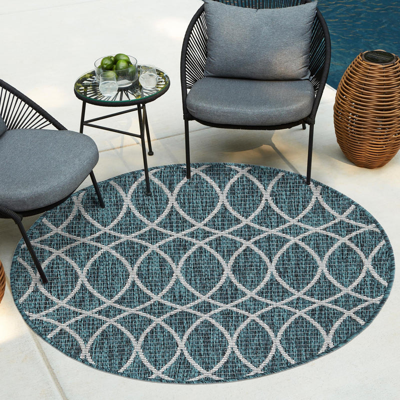 Garden Lattice Oasis Collection Area Rug - Pavilion (Teal) Round Teal lifestyle 13
