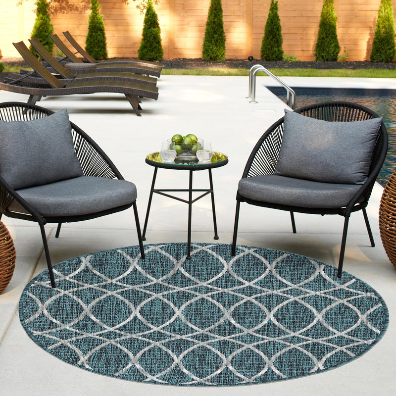 Garden Lattice Oasis Collection Area Rug - Pavilion (Teal) Round Teal lifestyle 14