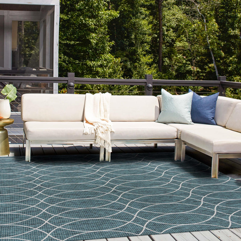 Garden Lattice Oasis Collection Area Rug - Pavilion (Teal) Square Teal lifestyle 14