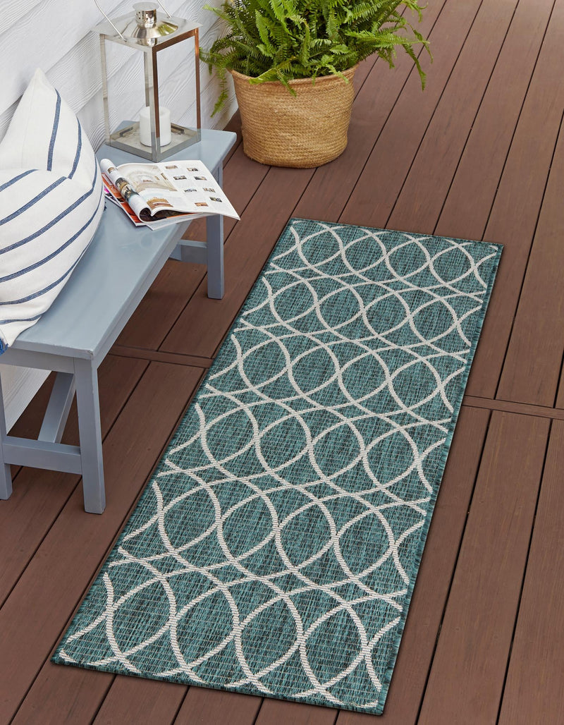 Garden Lattice Oasis Collection Area Rug - Pavilion (Teal) Runner Teal lifestyle 0