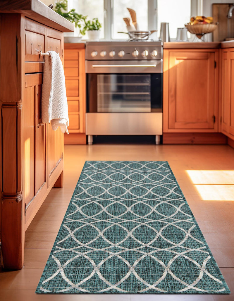 Garden Lattice Oasis Collection Area Rug - Pavilion (Teal) Runner Teal lifestyle 2