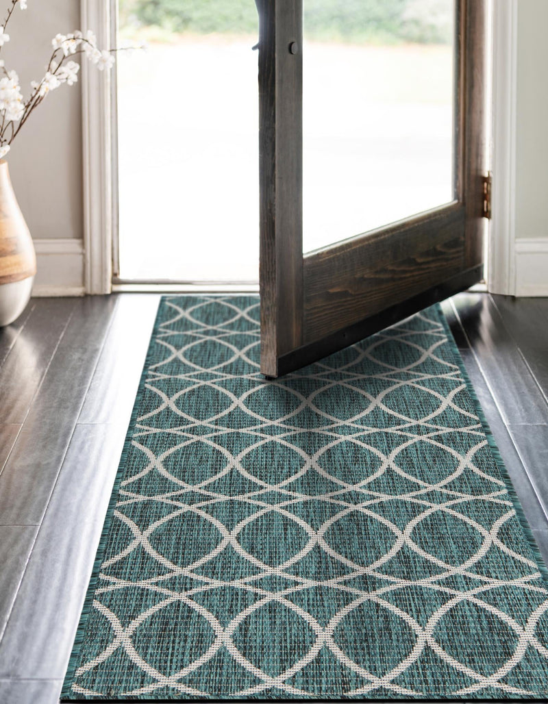 Garden Lattice Oasis Collection Area Rug - Pavilion (Teal) Runner Teal lifestyle 5