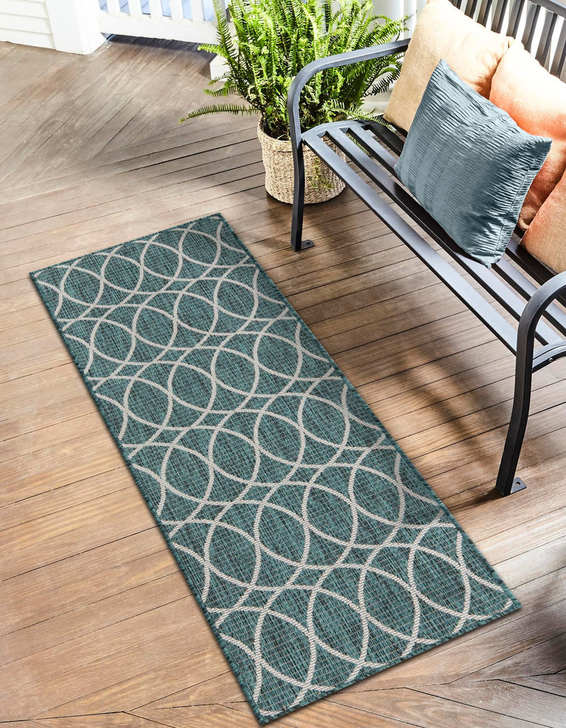 Garden Lattice Oasis Collection Area Rug - Pavilion (Teal) Runner Teal lifestyle 6