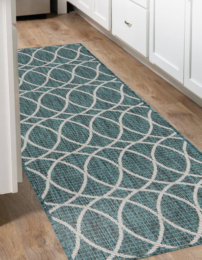 Garden Lattice Oasis Collection Area Rug - Pavilion (Teal) Runner Teal lifestyle 7