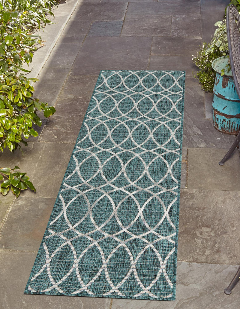Garden Lattice Oasis Collection Area Rug - Pavilion (Teal) Runner Teal lifestyle 8