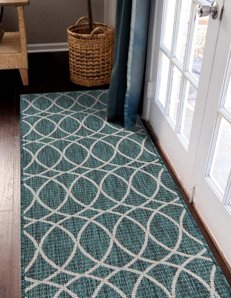 Garden Lattice Oasis Collection Area Rug - Pavilion (Teal) Runner Teal lifestyle 9