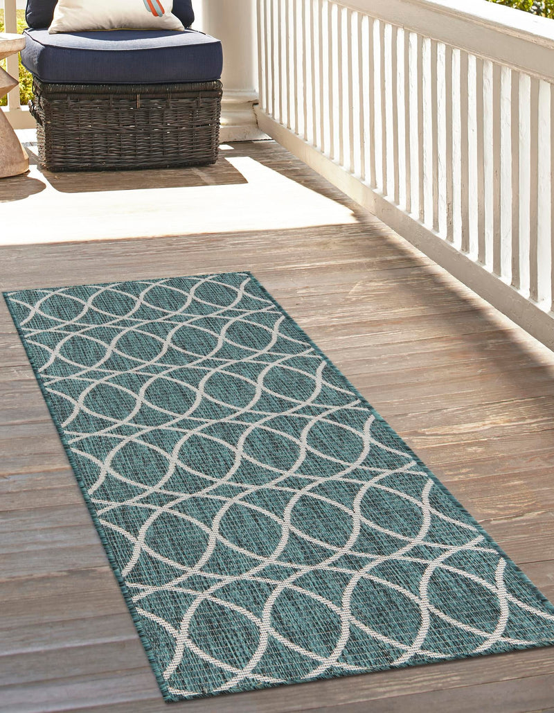 Garden Lattice Oasis Collection Area Rug - Pavilion (Teal) Runner Teal lifestyle 10