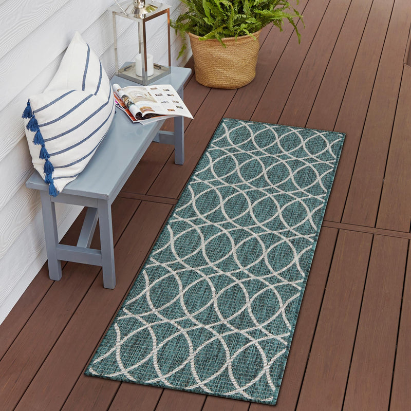 Garden Lattice Oasis Collection Area Rug - Pavilion (Teal) Runner Teal lifestyle 22