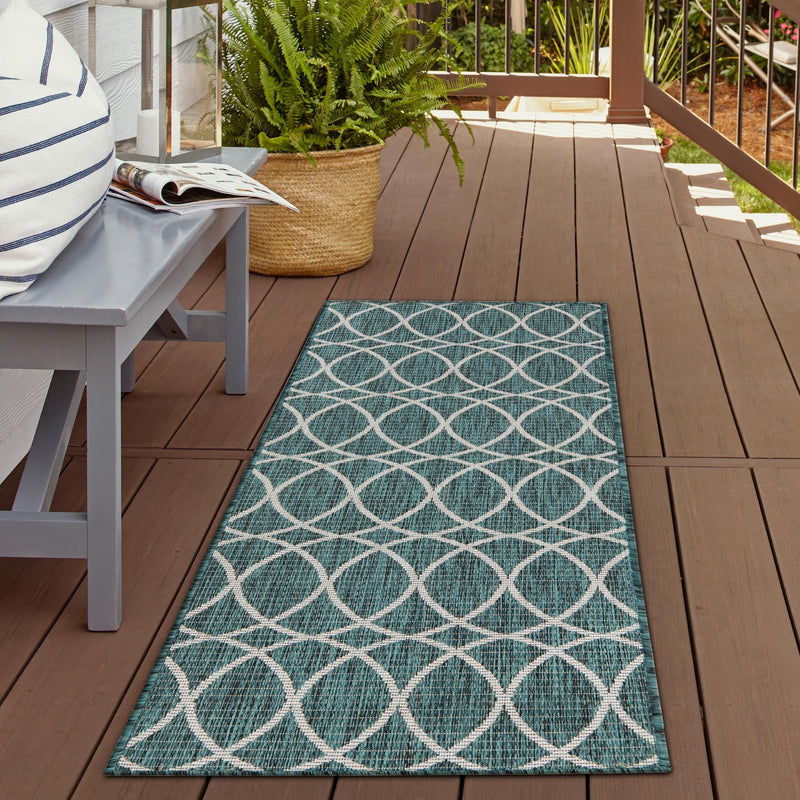 Garden Lattice Oasis Collection Area Rug - Pavilion (Teal) Runner Teal lifestyle 23