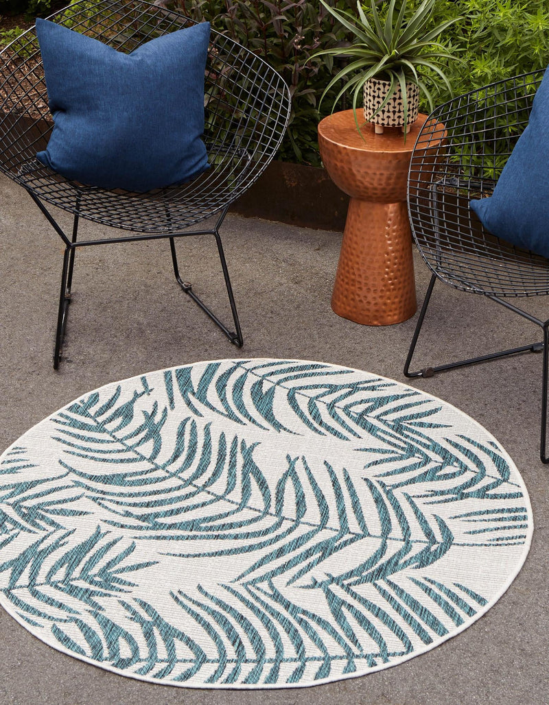 Garden Terrace Escape Collection Area Rug - Verdure (Teal Ivory) Round Teal Ivory lifestyle 0