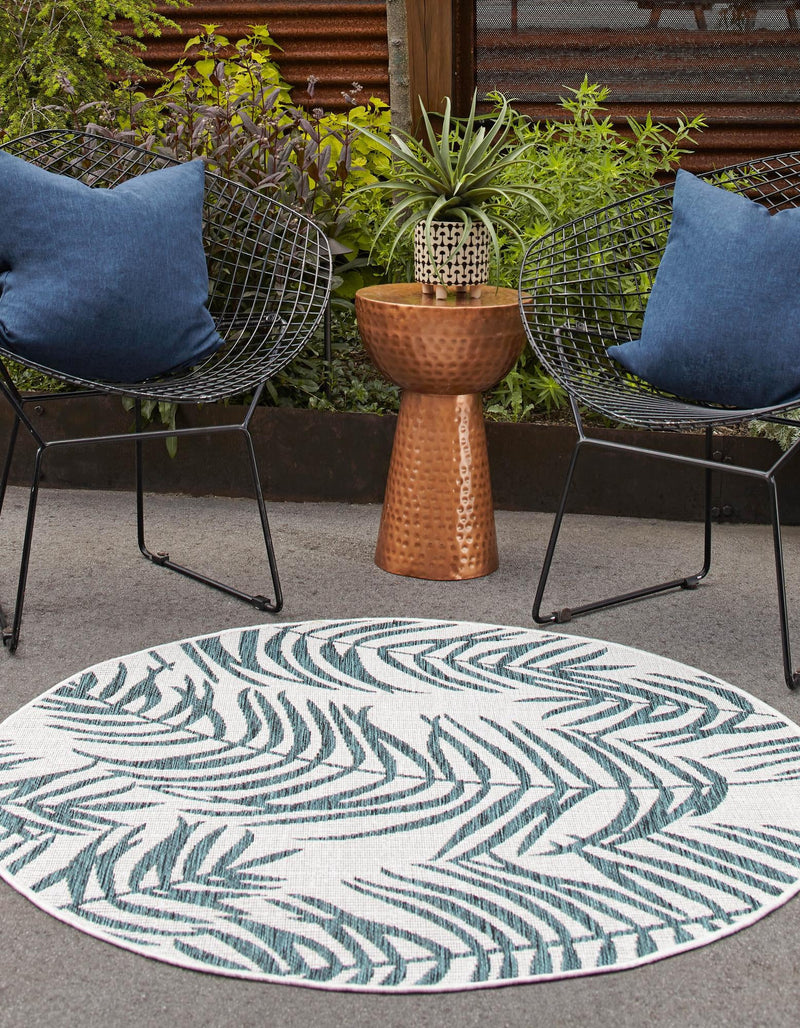Garden Terrace Escape Collection Area Rug - Verdure (Teal Ivory) Round Teal Ivory lifestyle 2
