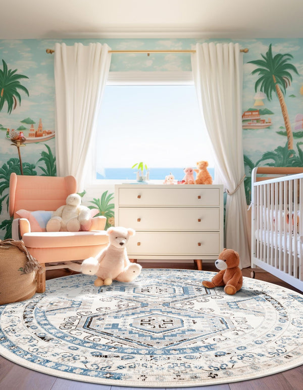 Savannah Elegance Collection Area Rug - Tybee (Ivory Aqua) Round Ivory Aqua lifestyle 64