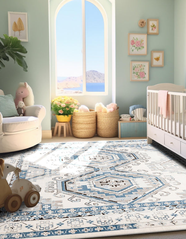 Savannah Elegance Collection Area Rug - Tybee (Ivory Aqua) Square Ivory Aqua lifestyle 50