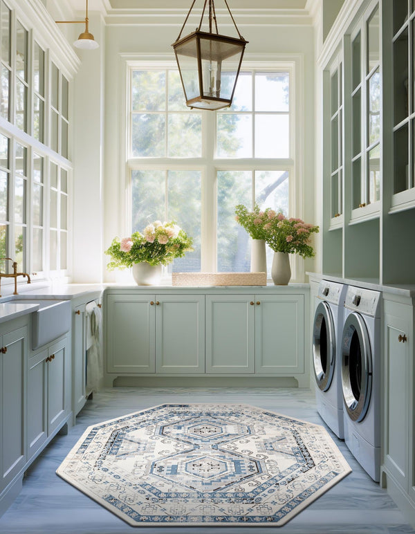 Savannah Elegance Collection Area Rug - Tybee (Ivory Aqua) Octagon Ivory Aqua lifestyle 51