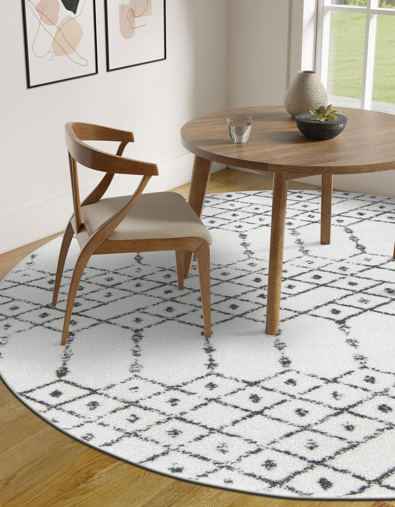 Marrakesh Lattice Collection Area Rug - Casablanca (Ivory Black) Round Ivory Black lifestyle 48