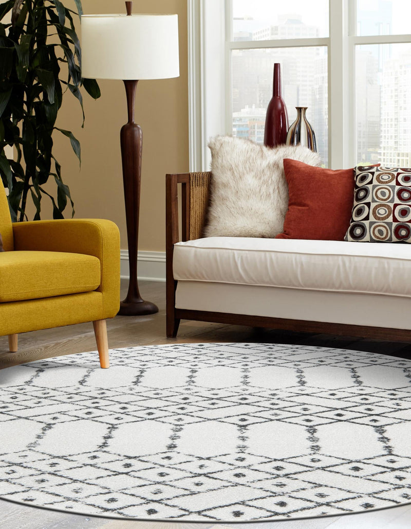 Marrakesh Lattice Collection Area Rug - Casablanca (Ivory Black) Round Ivory Black lifestyle 54