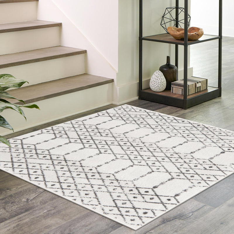 Marrakesh Lattice Collection Area Rug - Casablanca (Ivory Black) Square Ivory Black lifestyle 109