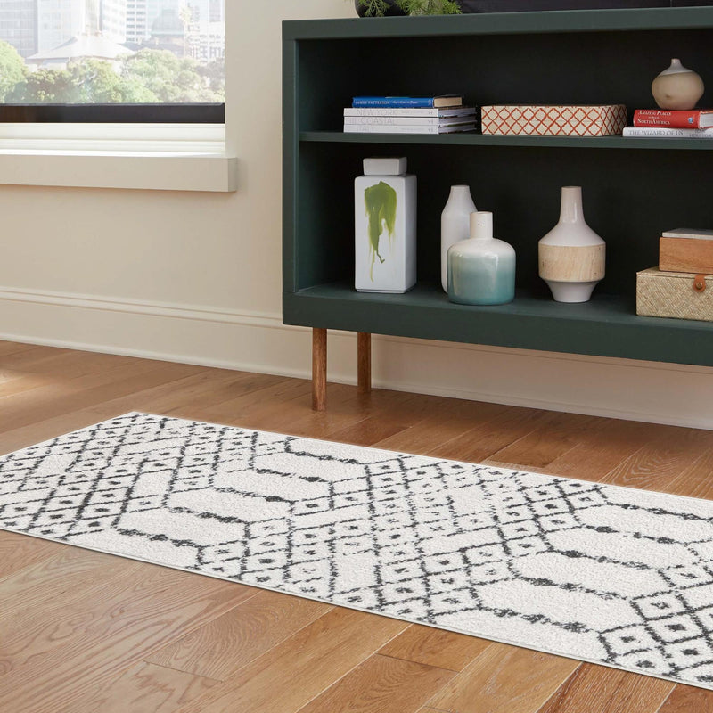 Marrakesh Lattice Collection Area Rug - Casablanca (Ivory Black) Runner Ivory Black lifestyle 112