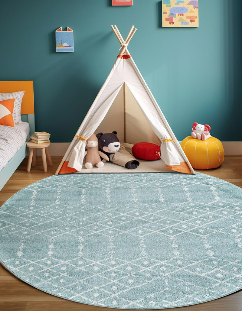 Marrakesh Lattice Collection Area Rug - Casablanca (Aqua) Round Aqua lifestyle 57