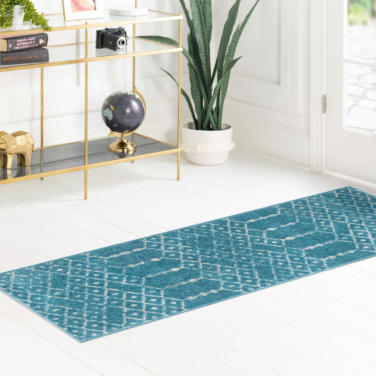 Marrakesh Lattice Collection Area Rug - Casablanca (Teal blue) Runner Teal blue lifestyle 112