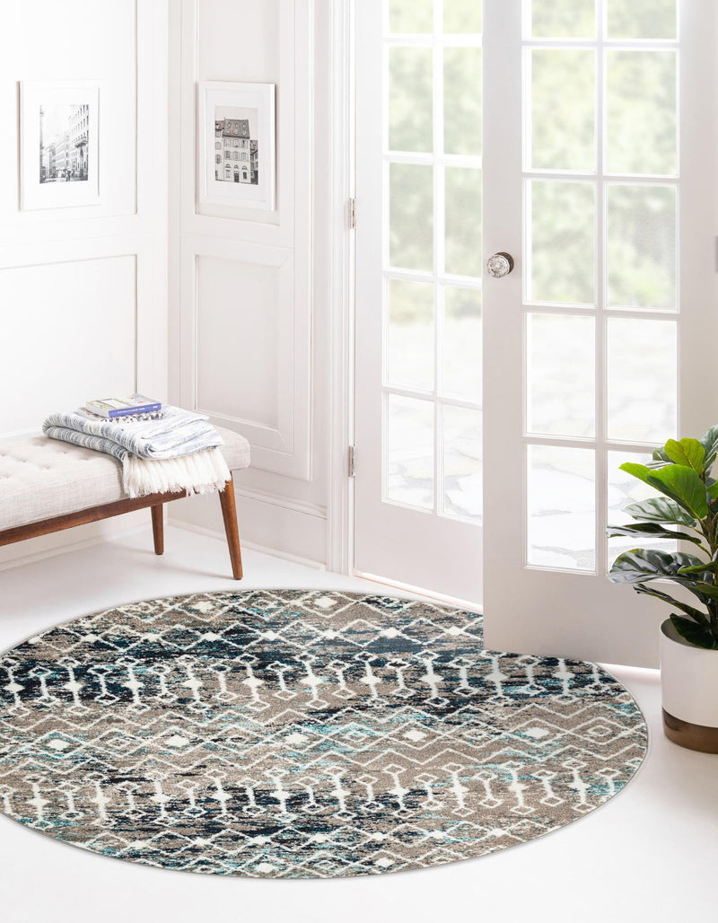 Mediterranean Lattice Collection Area Rug - Santorini (Multi Gray Blue) Round Multi Gray Blue lifestyle 2