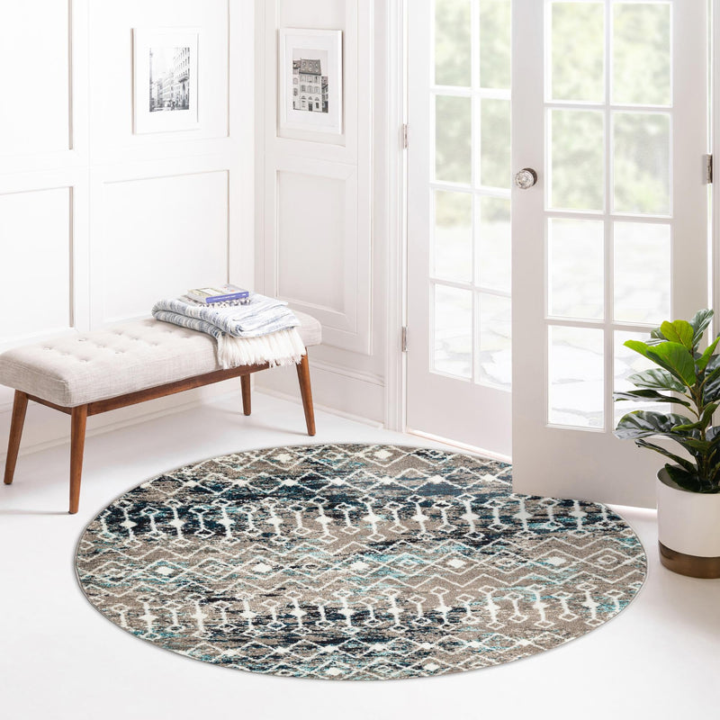 Mediterranean Lattice Collection Area Rug - Santorini (Multi Gray Blue) Round Multi Gray Blue lifestyle 16