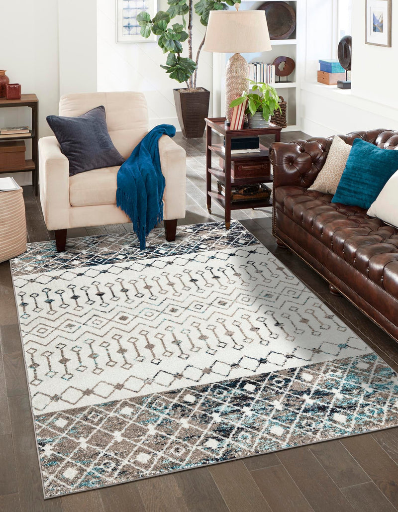 Mediterranean Lattice Collection Area Rug - Casablanca (Ivory Gray Blue) Rectangle Ivory Gray Blue lifestyle 0