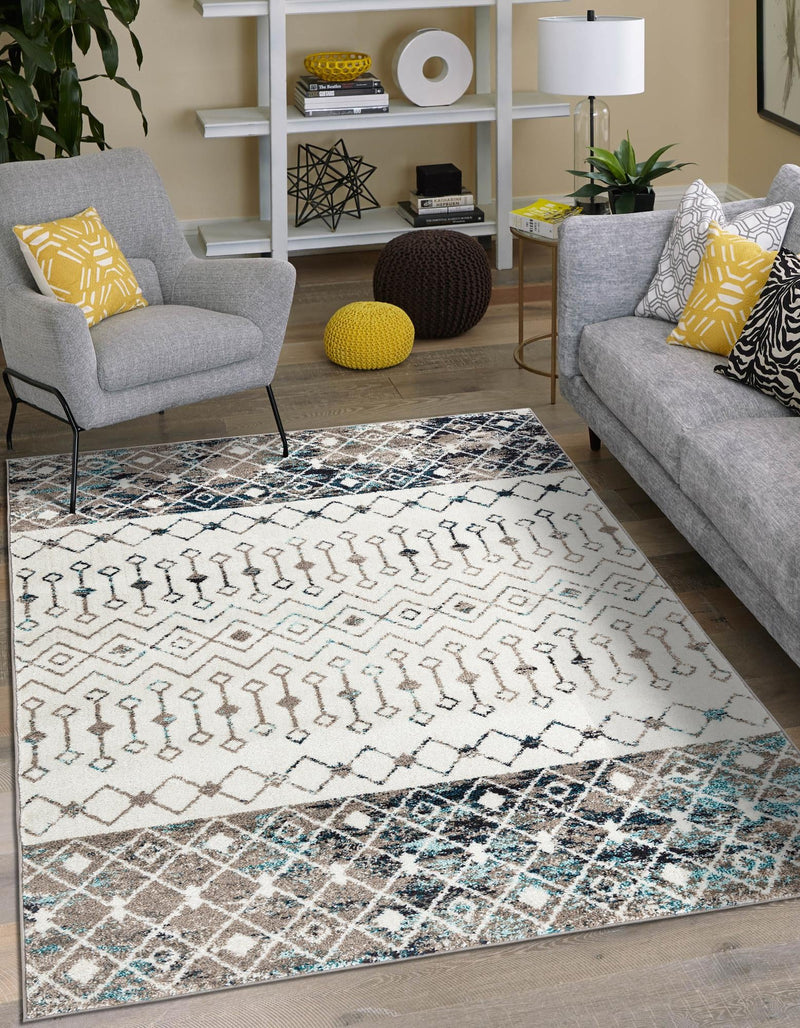 Mediterranean Lattice Collection Area Rug - Casablanca (Ivory Gray Blue) Rectangle Ivory Gray Blue lifestyle 12