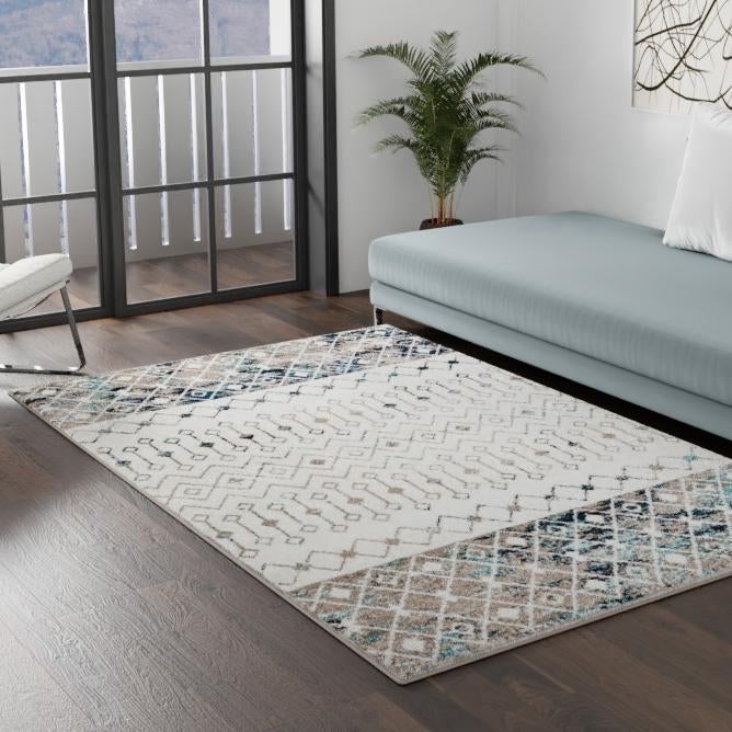 Mediterranean Lattice Collection Area Rug - Casablanca (Ivory Gray Blue) Rectangle Ivory Gray Blue lifestyle 24