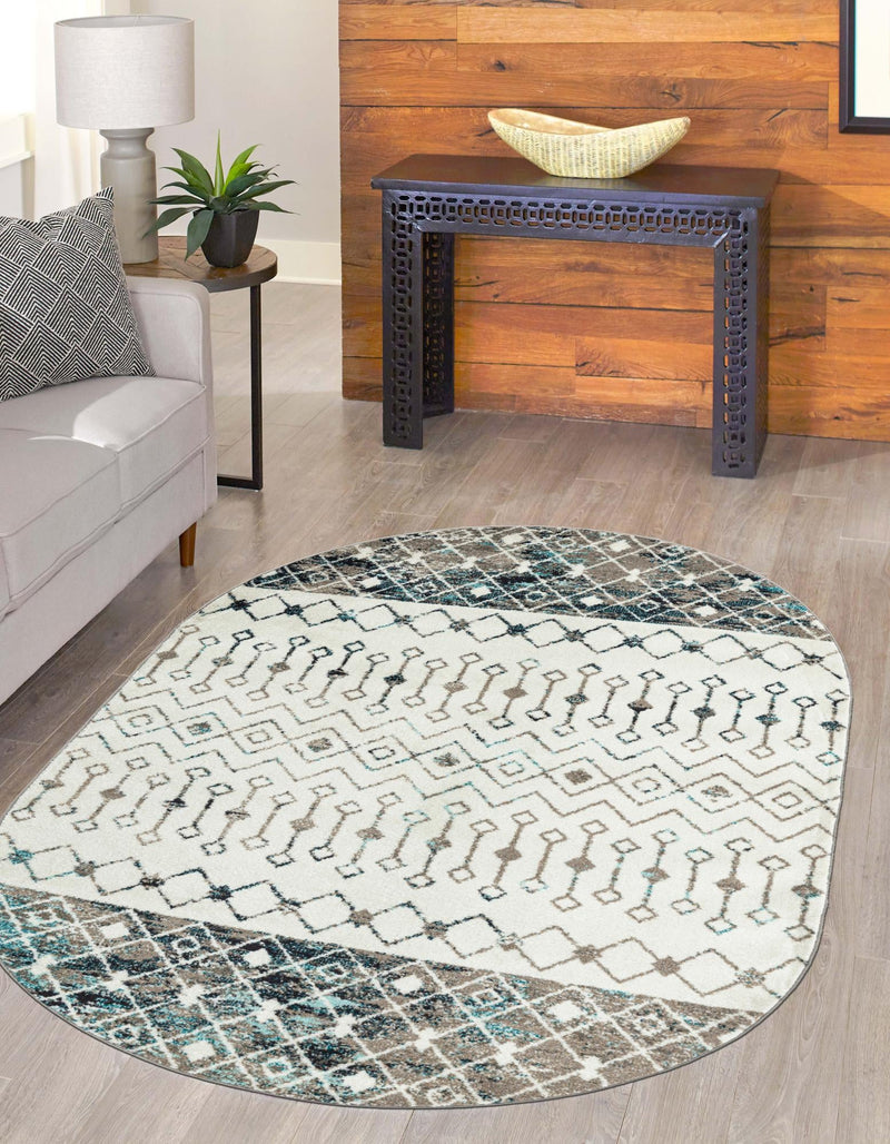Mediterranean Lattice Collection Area Rug - Casablanca (Ivory Gray Blue) Oval Ivory Gray Blue lifestyle 0