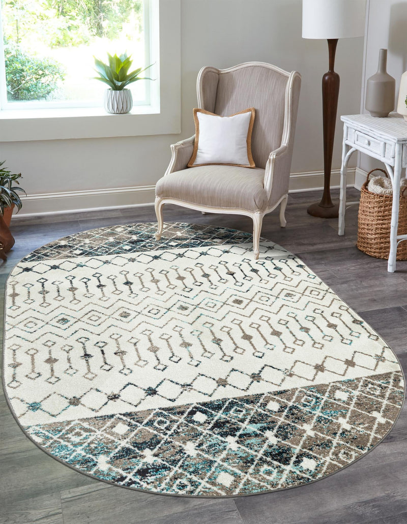 Mediterranean Lattice Collection Area Rug - Casablanca (Ivory Gray Blue) Oval Ivory Gray Blue lifestyle 4