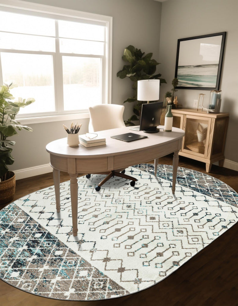 Mediterranean Lattice Collection Area Rug - Casablanca (Ivory Gray Blue) Oval Ivory Gray Blue lifestyle 7