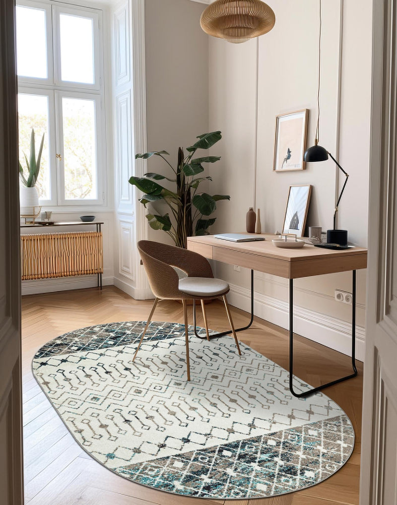Mediterranean Lattice Collection Area Rug - Casablanca (Ivory Gray Blue) Oval Ivory Gray Blue lifestyle 8