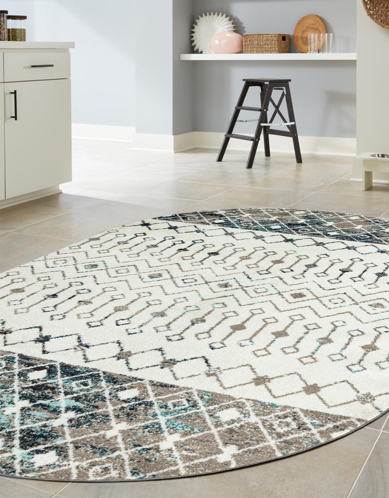 Mediterranean Lattice Collection Area Rug - Casablanca (Ivory Gray Blue) Oval Ivory Gray Blue lifestyle 9