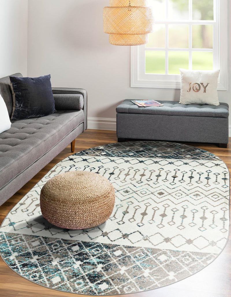 Mediterranean Lattice Collection Area Rug - Casablanca (Ivory Gray Blue) Oval Ivory Gray Blue lifestyle 10