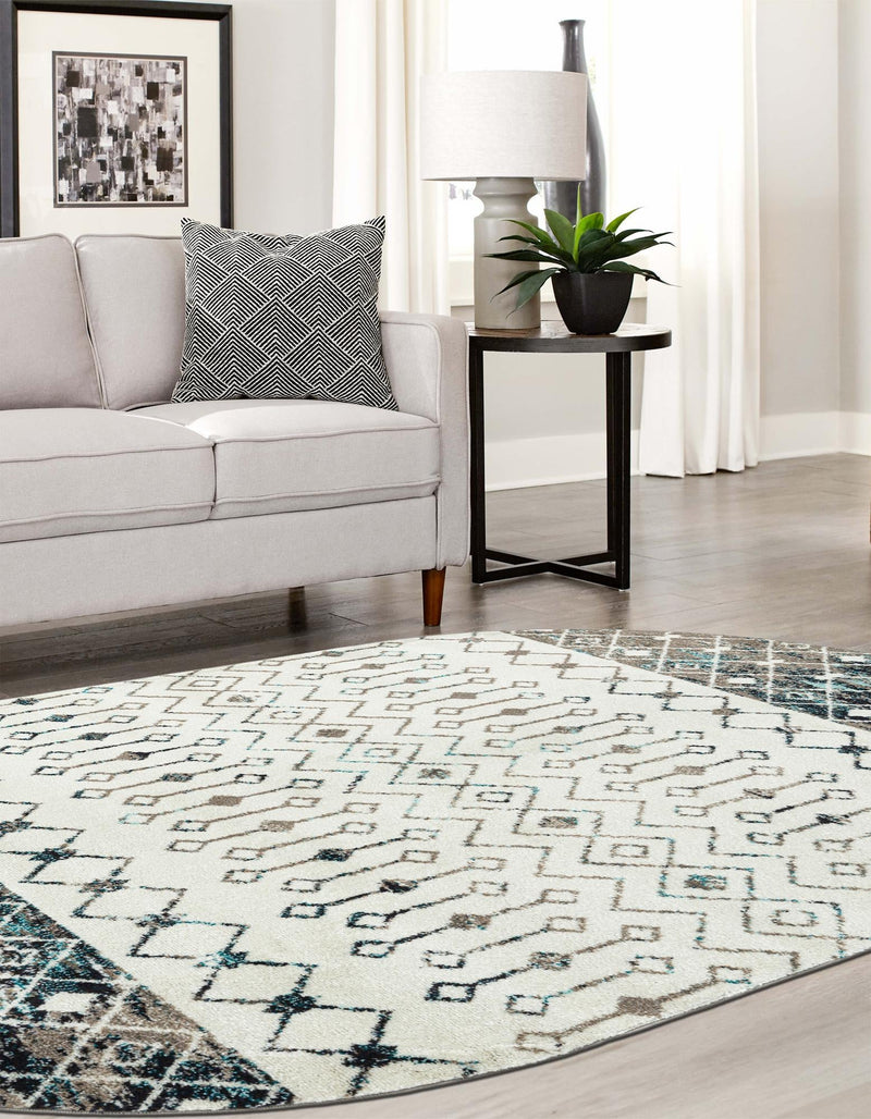 Mediterranean Lattice Collection Area Rug - Casablanca (Ivory Gray Blue) Oval Ivory Gray Blue lifestyle 11