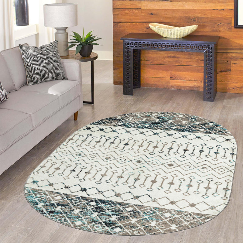 Mediterranean Lattice Collection Area Rug - Casablanca (Ivory Gray Blue) Oval Ivory Gray Blue lifestyle 22