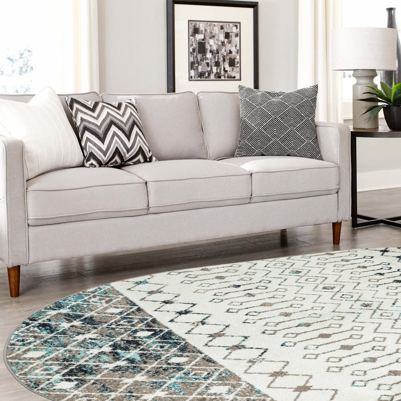 Mediterranean Lattice Collection Area Rug - Casablanca (Ivory Gray Blue) Oval Ivory Gray Blue lifestyle 23