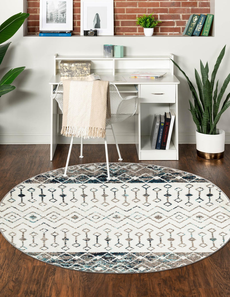 Mediterranean Lattice Collection Area Rug - Casablanca (Ivory Gray Blue) Round Ivory Gray Blue lifestyle 0