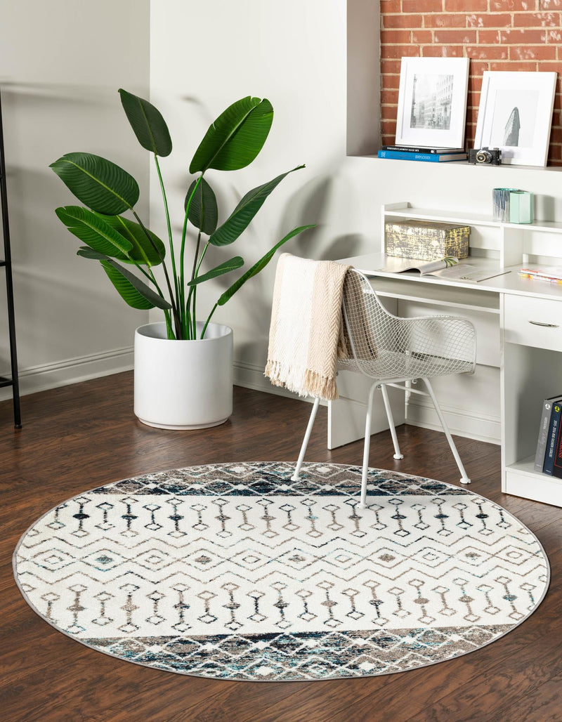 Mediterranean Lattice Collection Area Rug - Casablanca (Ivory Gray Blue) Round Ivory Gray Blue lifestyle 2