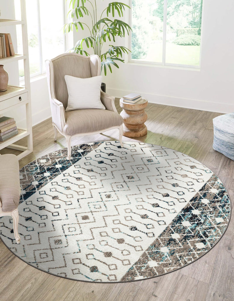 Mediterranean Lattice Collection Area Rug - Casablanca (Ivory Gray Blue) Round Ivory Gray Blue lifestyle 28