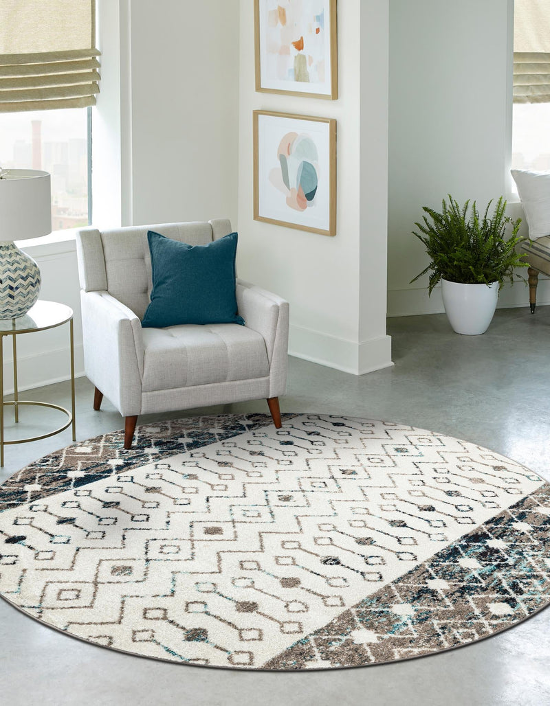 Mediterranean Lattice Collection Area Rug - Casablanca (Ivory Gray Blue) Round Ivory Gray Blue lifestyle 31