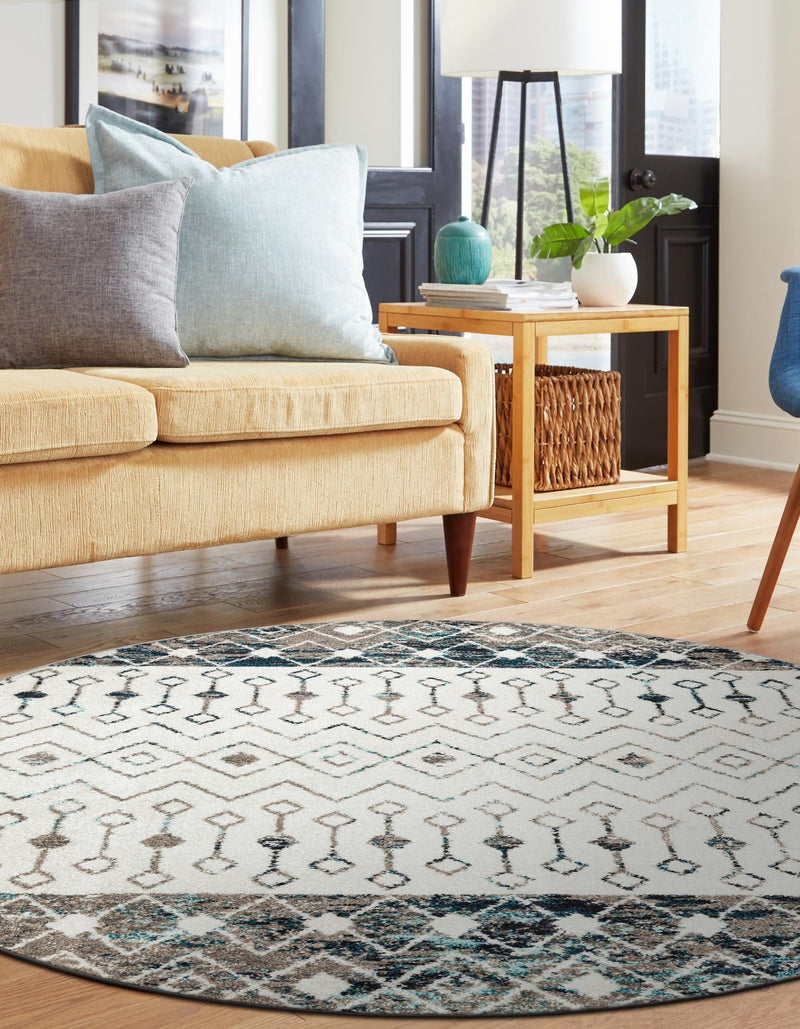 Mediterranean Lattice Collection Area Rug - Casablanca (Ivory Gray Blue) Round Ivory Gray Blue lifestyle 34