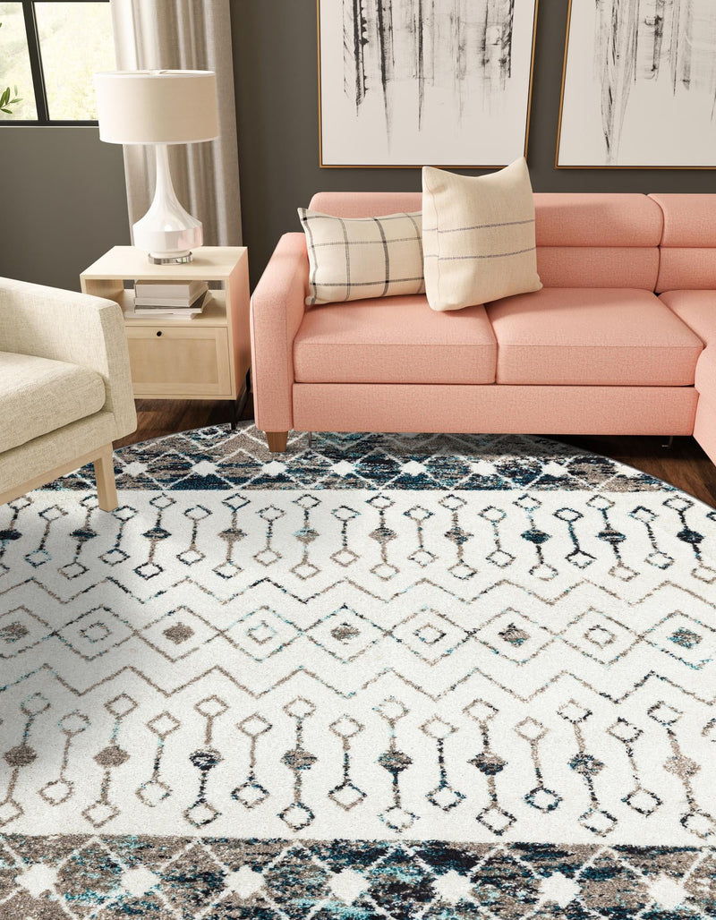 Mediterranean Lattice Collection Area Rug - Casablanca (Ivory Gray Blue) Round Ivory Gray Blue lifestyle 37