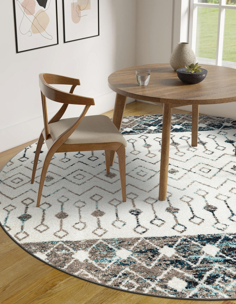 Mediterranean Lattice Collection Area Rug - Casablanca (Ivory Gray Blue) Round Ivory Gray Blue lifestyle 40