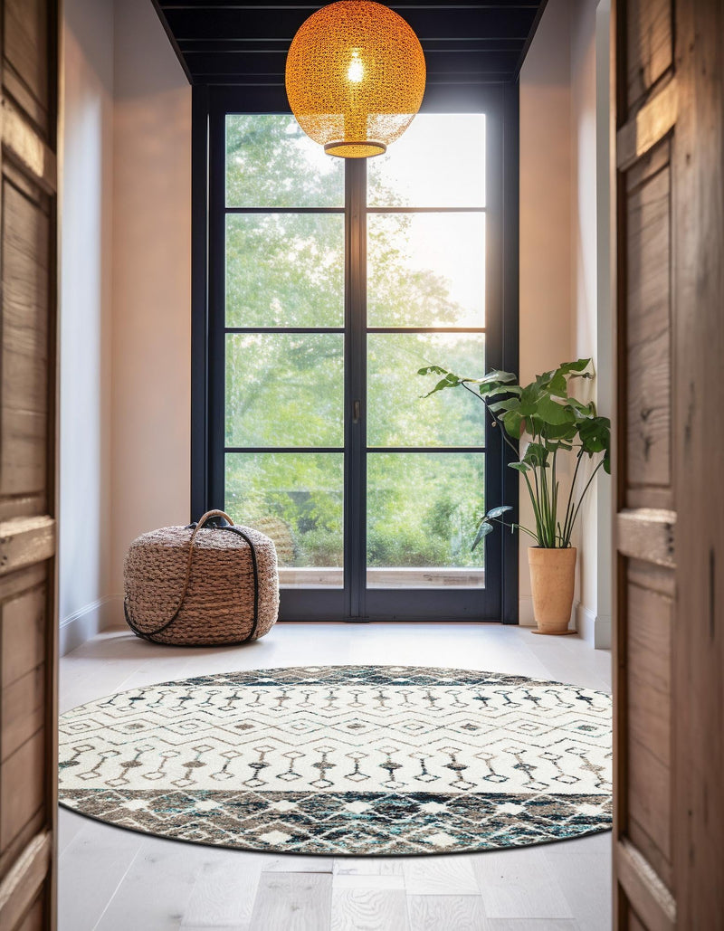 Mediterranean Lattice Collection Area Rug - Casablanca (Ivory Gray Blue) Round Ivory Gray Blue lifestyle 49